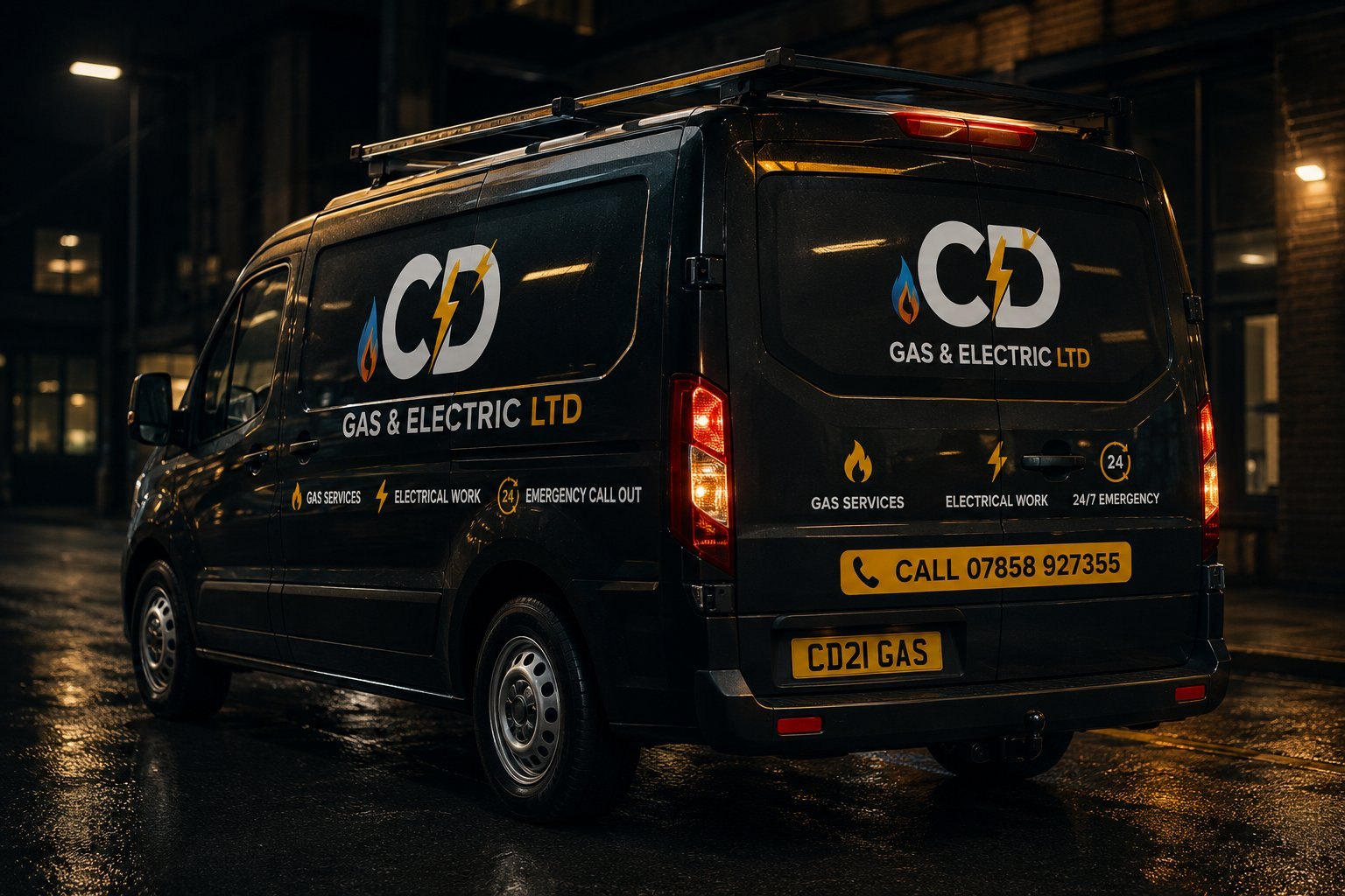 CD Gas & Electric Ltd branded company van parked at night